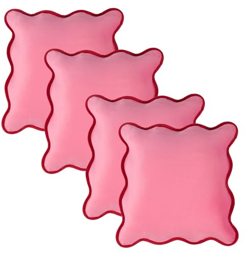 OHS Pack of 4 Cushion Covers Matte Velvet Scallop Edge, Soft Velvet Decorative Valentines Day Pillowcases with Invisible Zipper For Sofa Bed Livingroom, Pink/Red - 45x45cm