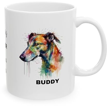 Personalised Lurcher Greyhound Dog Mug, Watercolour Design Ceramic Coffee Cup with Custom Name, Dog Lover