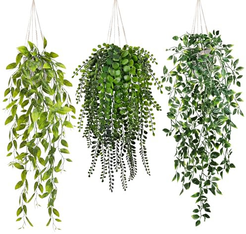 YMIFEEY 3 plantas colgantes artificiales en maceta, planta artificial colgante de pared, sala de estar, baño, estantería decorativa, plantas artificiales como auténticas, plantas colgantes de plástico