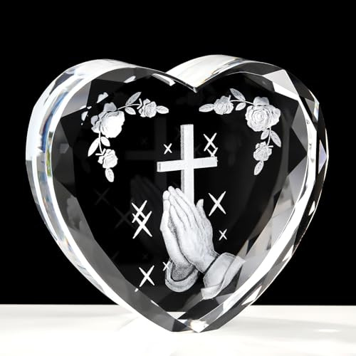 Ornalrist 3D Praying Hand Figurines Glass Religious Gift for Women Ornament | 3D K9 Crystal Heart Engrave Praying Hand Figurine Religious Gifts for Women Men Cross Christian Collectible Paperweight