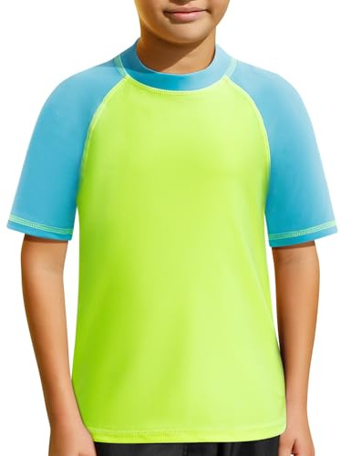 MASOCIO Anti-UV T-shirt för barn pojke kortärmad baddräkt T-shirt solskydd UPF 50+ snabbtorkande för simning strand pool 4–14 år, grön blå, 13-14 ans