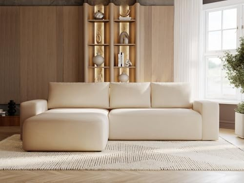 GRAINGOLD Tazones Ecksofa mit Schlaffunktion & Bettkasten 250x165 cm, L-Form Sofa mit Stauraum, Schlafcouch für Wohnzimmer, Velour, 3-Sitzer Eckcouch, Modernes Design (Beige, Links)