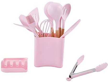 13 pezzi utensili da silicone set di legno manico in legno grade alimentari strumenti di cottura da cucina per campeggio per la casa set da cucina in silicone rosa completo