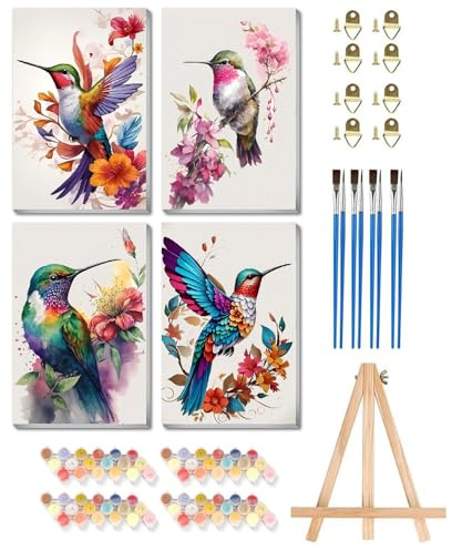 askkqtx 4 Pack Animals Paint by Numbers for Adults with Frame 8x12 Inch | Hummingbird Adult Paint by Numbers Canvas Kits for Beginners, Framed Paint by Numbers for Adults on Canvas Home Wall Decor