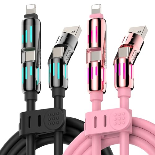 MFish Cable de carga USB universal 4 en 1 de 240 W [2 unidades, 6.6 pies] – Cable de carga rápida para iPhone 16/15/14/13, tabletas, portátiles, teléfonos Android y más (paquete de 2, negro + rosa