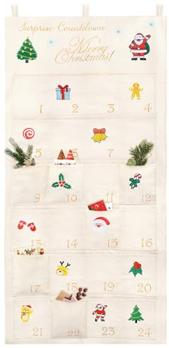 Weihnachtskalender 2025 zum Befüllen - 24 Adventskalender Bestickt aus Stoff für Weihnachten XXL Wandkalender Wiederverwendbar, Weihnachtsdeko Geschenk Adventskalender zum Stoffbeutel Wandteppich