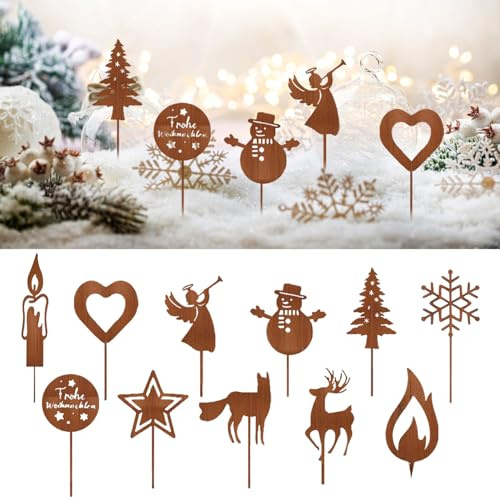 Roststecker Weihnachten, 11 Stück Gartenstecker Weihnachten, Gartenstecker Rost Weihnachten, Rost Deko Weihnachten, Weihnachtsstecker Rost, für Blumenkasten, Draußen