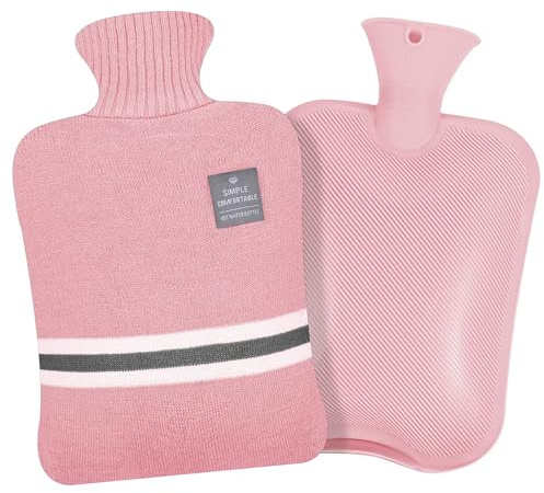 SAMSYOKI Wärmflasche mit Bezug 2L Große Bettflasche Auslaufsichere | Kuschelig Warmflasche mit Weichem Strickbezug Weihnachten Wärmflaschen zur Schmerzlinderung Wärme und Kältetherapie Rosa