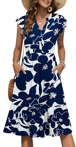 PLMOKEN Summer Dresses for Women UK Floral Sundress Short Sleeve V Neck Knee Length Loose Ruffle Beach Dresses with Pockets