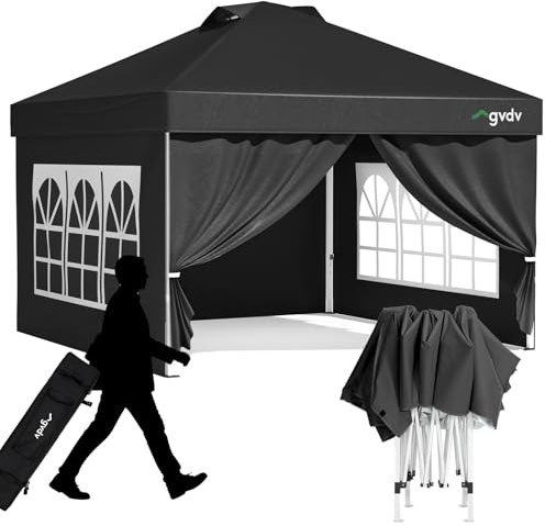 GVDV Pavillon 3x3 Pop Up Wasserdicht mit 4 Seitenteilen, Rollentasche | UPF 50+, PU-beschichtetes Dach, Dachlüfter, höhenverstellbar, inkl. Gewichte, Heringe und Abspannseile, Winterfest, Schwarz