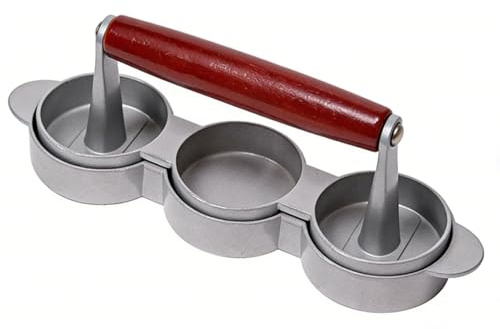 MENDUNER Mini Presse à Hamburger pour 3 Galettes – Petite Machine à Galettes de Viande avec Revêtement Antiadhésif, Aluminium et Bois Massif, Compacte pour Cuisine, Barbecue, Pique-Nique, Camping (3