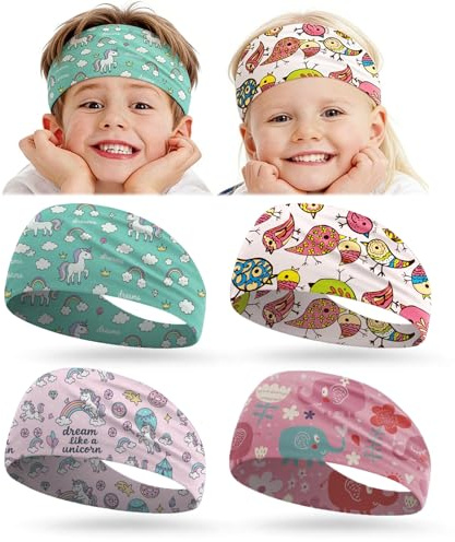FOSDICK 4 Pezzi Fascia Capelli Bambina, Fasce per Capelli Bambina Traspirante, Elastica Fascia Capelli Bambino, Headband Assorbisudore Morbido per Bambini dai 4 ai 10 Anni per Yoga e Fitness