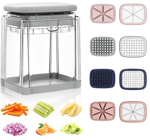 4-in-1 Potato Chipper & Cutter with 4 Blades, Kitchen Food Chopper | Vegetable Salad Cutter, Manual Food Dicer Slicer for Wedge, Straight, Wavy Fries, Slicer Dicer Spiralizer with Container