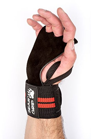 BEAR GRIP - CROSSFIT 2 in 1 Leather palm gloves protector wrist support wraps (BLACK/RED)