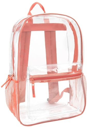 Trail maker Transparenter Rucksack mit verstärkten Riemen und Zubehörtasche vorne – perfekt für Schule, Sicherheit und Sportveranstaltungen, korallenrot, Einheitsgröße, Transparent