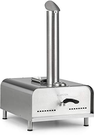 KLARSTEIN Diavolo - Forno a Pellet per Pizza, con Pietra Refrattaria da 33x33 cm (13), Termometro, Indicazione Temperatura fino a 500 °C, Acciaio Inox, Inserto per Carne, Pala, Impugnatura, Argento