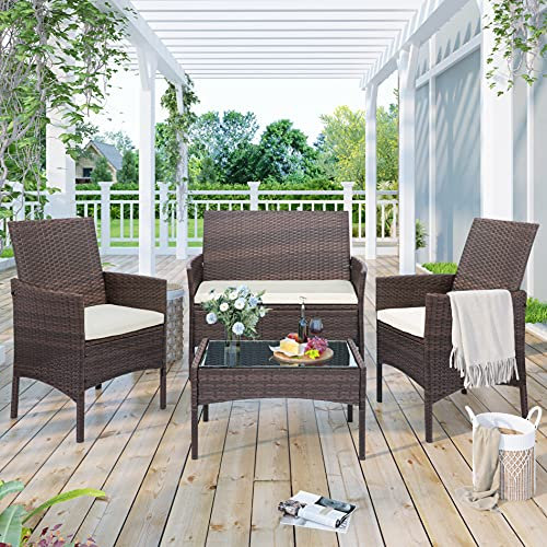 Topchances Balkonmöbel-Set, 4 Personen, Gartentisch und Stühle, Wintergartenmöbel, Rattan-Tisch, Stuhl, Loveseat Sofa, Cusion für Terrasse/Balkon/Outdoor