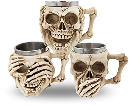 BAYINBROOK Acier Inoxydable Tête de Mort Mug,Tasse de Bière de Médiévale,3D Tasse de Café en Résine,pour Boisson,Café,Bière,Décor D'Halloween,Cadeau,400ML,(Un ensemble de 3)