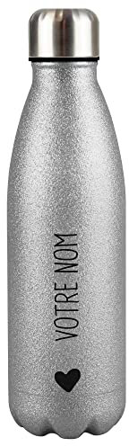 Bouteille d'eau à paillettes en acier inoxydable à personnaliser soi-même avec symbole du nom et du cœur – Bouteille isotherme à paillettes sans BPA pour voyage, école et sport I Cadeau personnalisé –