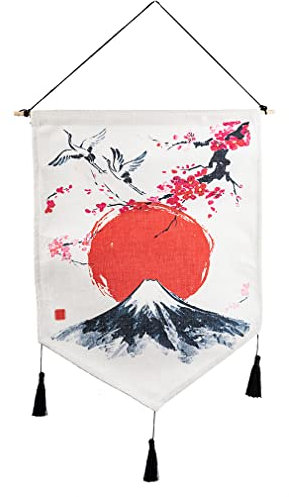 lachineuse - Panneau Mural Japonais Mont Fuji - Décoration Japonaise Zen à Suspendre - 56 x 44 cm - Tableau Japonais Traditionnel Panneau- Coloris Blanc & Rouge - Idée Cadeau Japon Asie