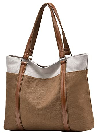 PORRASSO Women Shoulder Bag Large Tote Bag Casual Tote Bags Canvas Lady Shopper Bag for School Work Travel Shopping, khaki, L, Simple