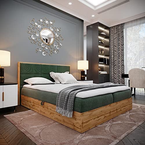 LOFT 1 Boxspringbett Doppelbett - Das Perfekte Bett für Ihr Schlafzimmer. 140x200cm Mit Bonellmatratze, Bettkasten für Bettwäsche und Topper. Mit Kopfteil. (Grün, 140x200)