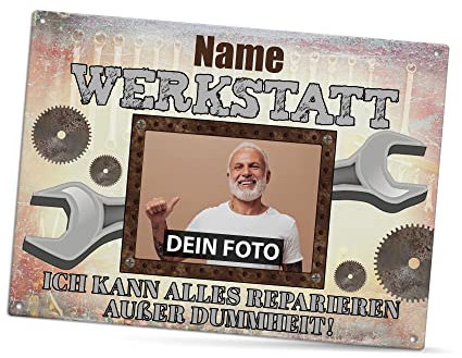 PR Print Royal Werkstattschild selbst gestalten - Kann Alles reparieren außer Dummheit - mit Name und Foto personalisiertes Outdoorschild aus Aluminium | Wetterfest, 28x20 cm