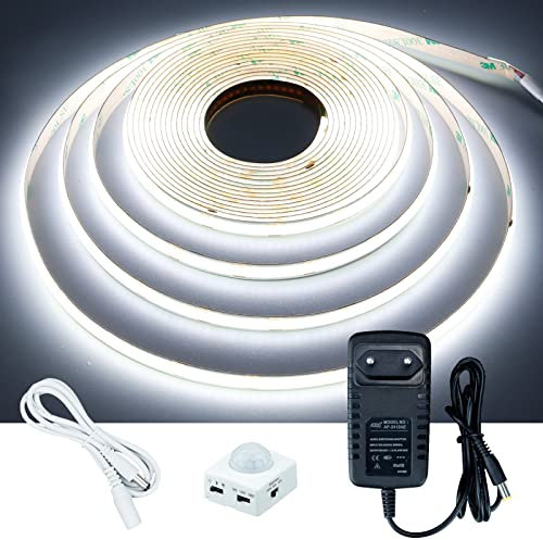 GOMING 12V 5M COB LED Streifen mit Bewegungsmelder Netzteil Kaltes Weiß 6000K LED Strip IP20 Nicht Wasserdicht LED Band Selbstklebend für Treppen Kinderzimmer Schränke Bettlampenbeleuchtung