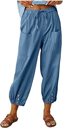 ASKSA Pantalon 7/8 Femme Été Lin Ample Longueur Pants Cordon pour Décontracté à Jambes Léger en avec Poches (Bleu,L)