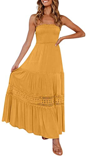 Strandkleid Damen Sommer - Bandeau Kleid Lang Schulterfreies Sommerkleid Sexy Trägerlos Off Shoulder Rückenfrei Spitzenbesatz Maxikleid Swing A Line Langes Kleider Boho Kleid Partykleid