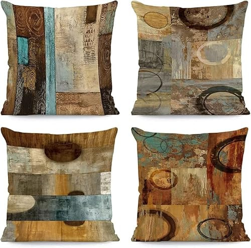 QUALKNOY Set of 4 Cushion Covers 18x18 Modern Boho Pillowcases Brown Decorative Throw Pillow Covers 45 x 45cm for Sofa Living Room Garden Outdoor Abstract Geometric Home Décor