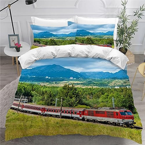AKATIE Bettwäsche Zug Bettwäsche 135x200 Kinder Retro-Zug Bettbezug Set Weich Microfaser Kinderbettwäsche 3 Teilig Mit ReißVerschluss Mit 2 Kissenbezug 80x80 cm