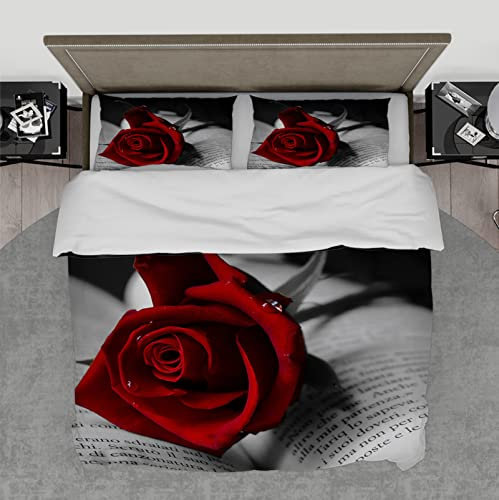 Wewoo Home Rote Rose und Buch Bettbezug - 1 Bettbezug mit 2 Kissenkissen - 3 Stück Bettbezug mit Reißverschluss - Ultra Soft Microfaser 210x210cm