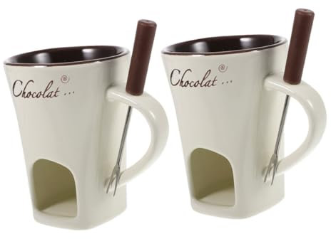 BESTonZON 2 PCS Chocolate Fondue Mug, Butter Melting Fondue Pot Mug with Fork, Multifunction Chocolate Ice Cream Fondue Pot Lovely Dessert Bowl Kitchen Accessory Tealight Hot Pot (White)