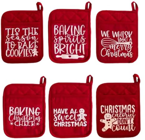 Presine Natalizie Con Tasche 6 Pezzi Guanti Da Forno Natalizi Guanti Da Forno Rossi per Cuscinetti Anche Caldi per Cottura Al Forno Regalo Di Natale