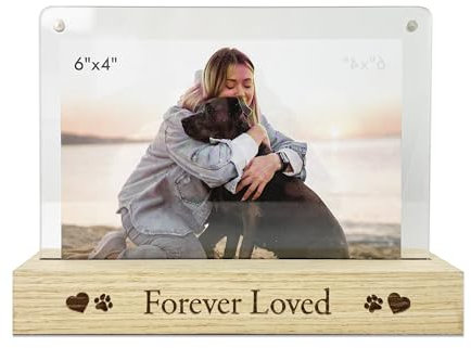 Forever Loved Pet Gedenk-Fotorahmen, Holzsockel, passend für 15,2 x 10,2 cm große Fotos, magnetische Acrylplatten, geschätztes Andenken, Herz- und Pfotenabdruck, Gedenkgeschenk, 18,2 x 13,4 x 5 cm