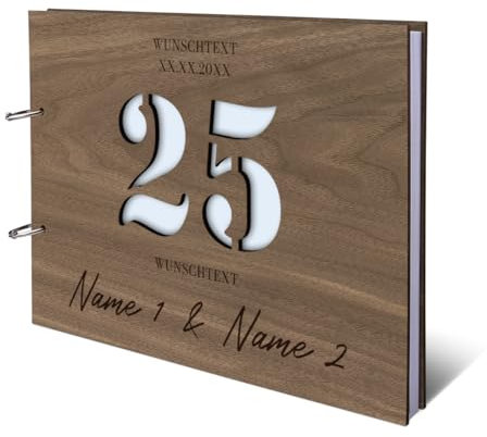 Personalisiertes Silberhochzeit Gästebuch aus echtem Holz selbst gestalten - 25 Jahre Stanze - mit 72 Blatt / 144 Seiten Naturpapier Weiß