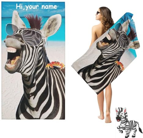 Fadaing Personalisiert Strandtuch Mit Namen, Personalisierte Zebra Handtuch Badetuch Mit Namen Mikrofaser Strandtuch Groß 90x180 cm Badetuch Zebra für Strand (60 x 120 cm,1)
