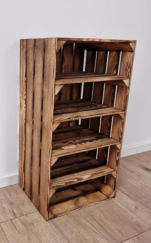 PYXIDAS Cassette Portaoggetti in Legno Resistente con 2,3,4 Ripiani, 75x40x30 cm, Scarpiere in Legno (1 cassa 4 ripiani corti, Effetto Bruciato)