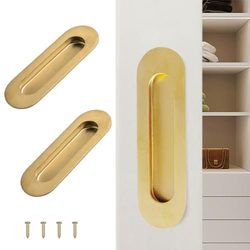 Deyixinup 2 PCS Side Hole Flush Pull Golden Oval Embedded Sliding Door Handle Stainless Steel Recessed Door Handles with Hidden Screws for Sliding Doors Cabinets Drawers Cupboard Wardrob