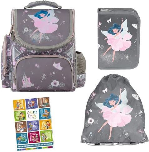 Goldkids - Schulranzen für Jungen und Mädchen, 4er-Set - Schul-Rucksack für Kinder mit Federmäppchen - Schuhbeutel und Hausaufgabenheft - Ballerina Motiv - 1-3 Klasse