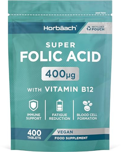 Folic Acid Tablets with Vitamin B12 400mcg | 400 Count | High Strength Vegan Supplement with VIT B12 Cyanocobalamin | No Artificial Preservatives | by Horbaach