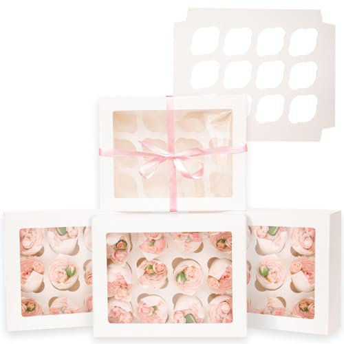 Gcardist Auto-pop Up 12 Cupcake Boxes with Window White 12 Packs Cupcake Box 33x25.4x9cm Bakery Boxes For Cupcakes Carrier, Cupcake Containers (13x10x3.5 inch)