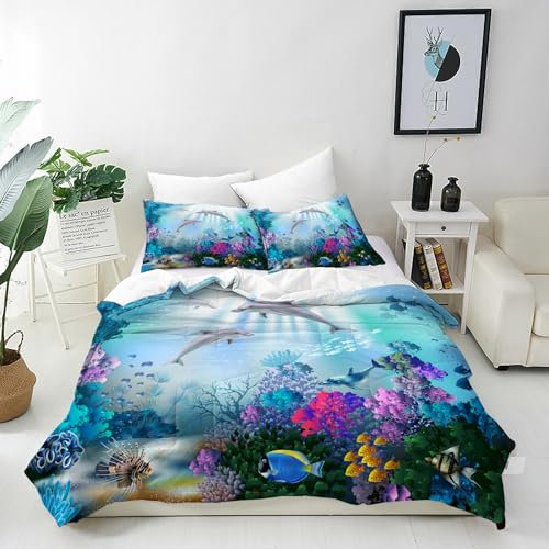 ANHOPE Ozean Tropisch Fische Delphin Bettwäsche Set 3 Teilig Bettbezug 200x220 cm & 2 Kissenbezug 80x80 cm Microfaser Bettbezüge mit Reißverschluss Weich Bettdeckenbezug Set für Kinder Jungen Mädchen