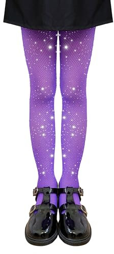 LOLANTA Confezione da 2 collant a rete per ragazze, collant con strass luccicanti per bambini, Calze a rete, Viola scintillante, 4-8 anni, L