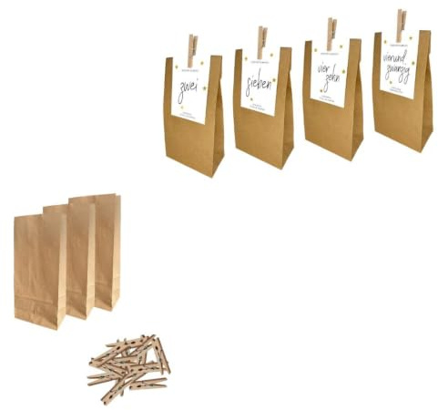 PuK Krämmer GmbH Adventskalender zum Befüllen | 24 Karten mit Goldveredelung | Geschenktüten zum Selbstbefüllen | selber basteln DIY Adventskalender Set mit Tüten Erwachsene