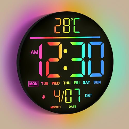 Mee 2ou Digital Wall Clock - 25cm/10 11 RGB Color Auto-Brightness, Temperature, Date And Day, Auto DST, Night Light Non-Ticking Modern Electric LED Wall Clock for Bedroom, Living Room