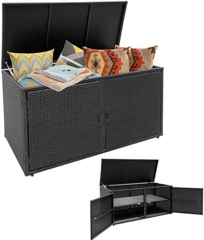 COSTWAY Coffre de Rangement Extérieure en Rotin 335L, Boîte de Rangement avec Couvercle 2 Portes 2 étagères Cadre en Acier, pour Ranger des Outils Jouet Accessoires 115x60x65CM (Noir)