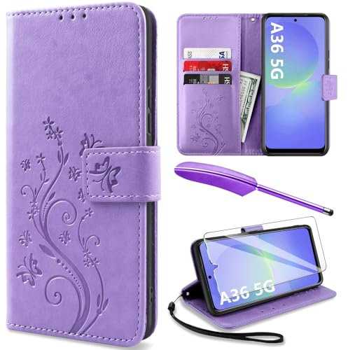 YIRSUR for Samsung Galaxy A36 Case with Screen Protector and Touch pen, Leather Flip Wallet Women Men Case Magnetic Closure Cover with Card Slots and Kickstand for Samsung A36 5G Phone Cover Purple
