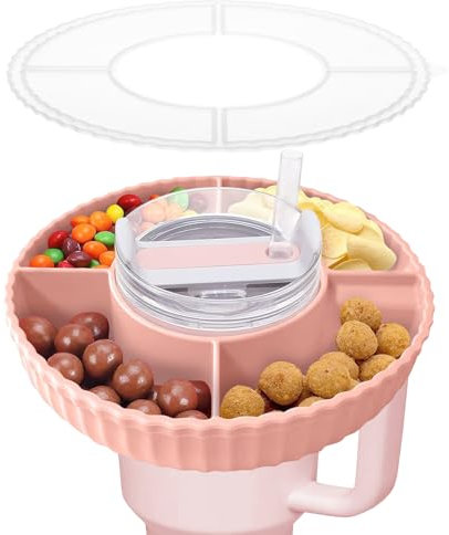 Bol à snack pour Stanley Cup 40oz, compatible avec Stanley Quencher 40oz Tumbler, plateau en silicone avec 4 compartiments et couvercle (Rose). Seulement pour 40oz.